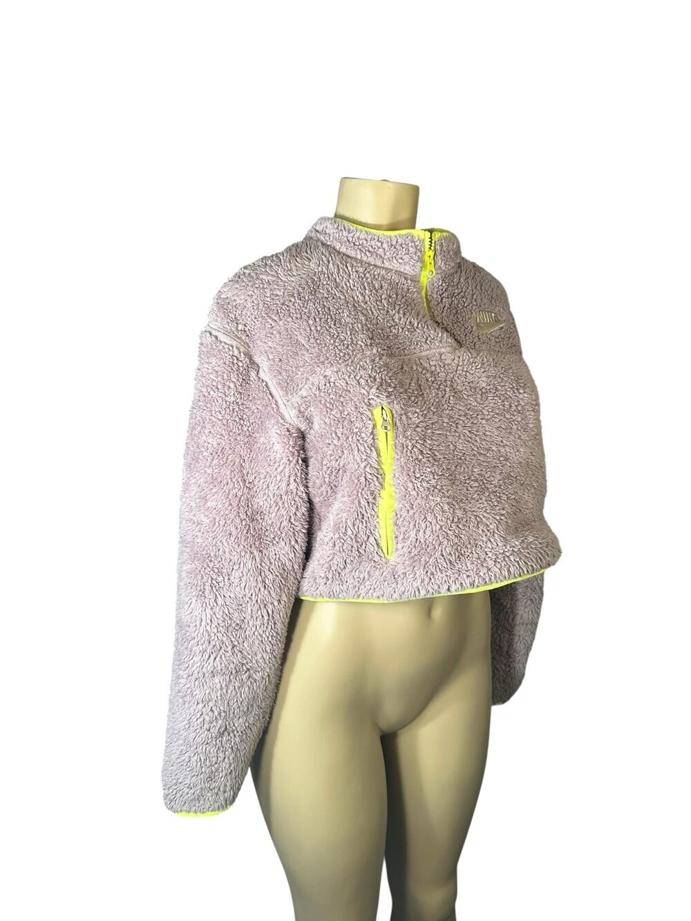 Women S Nike Deep Pile Shaggy Swoosh Fleece Sherpa Sweater Jacket Crop Gray Neon